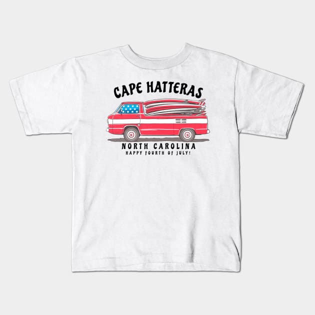 Cape Hatteras, NC Summer Surfboards on the Fourth Kids T-Shirt by Contentarama